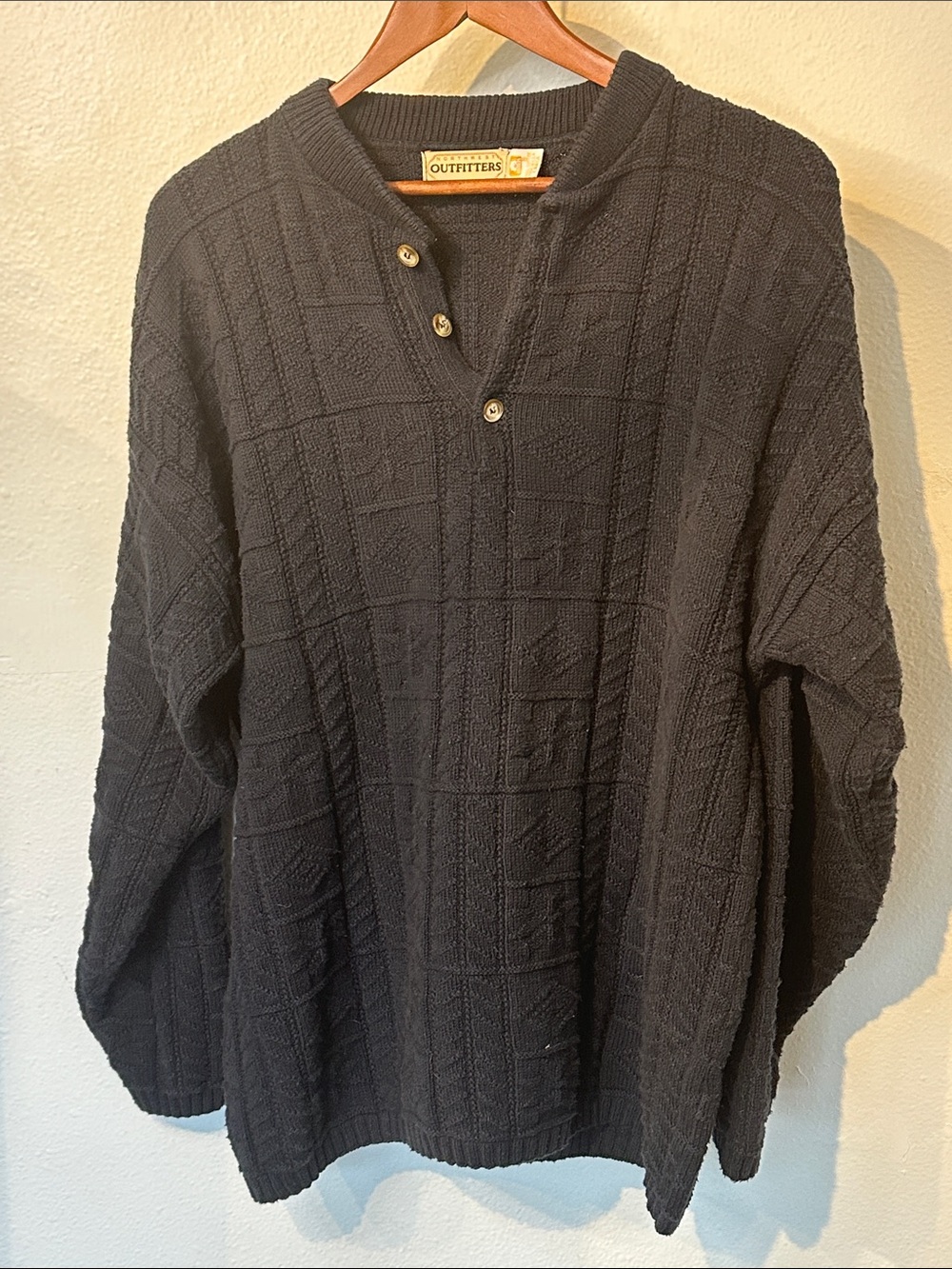 VTG Men's Black Knit Henley 3button pullover Sweater L